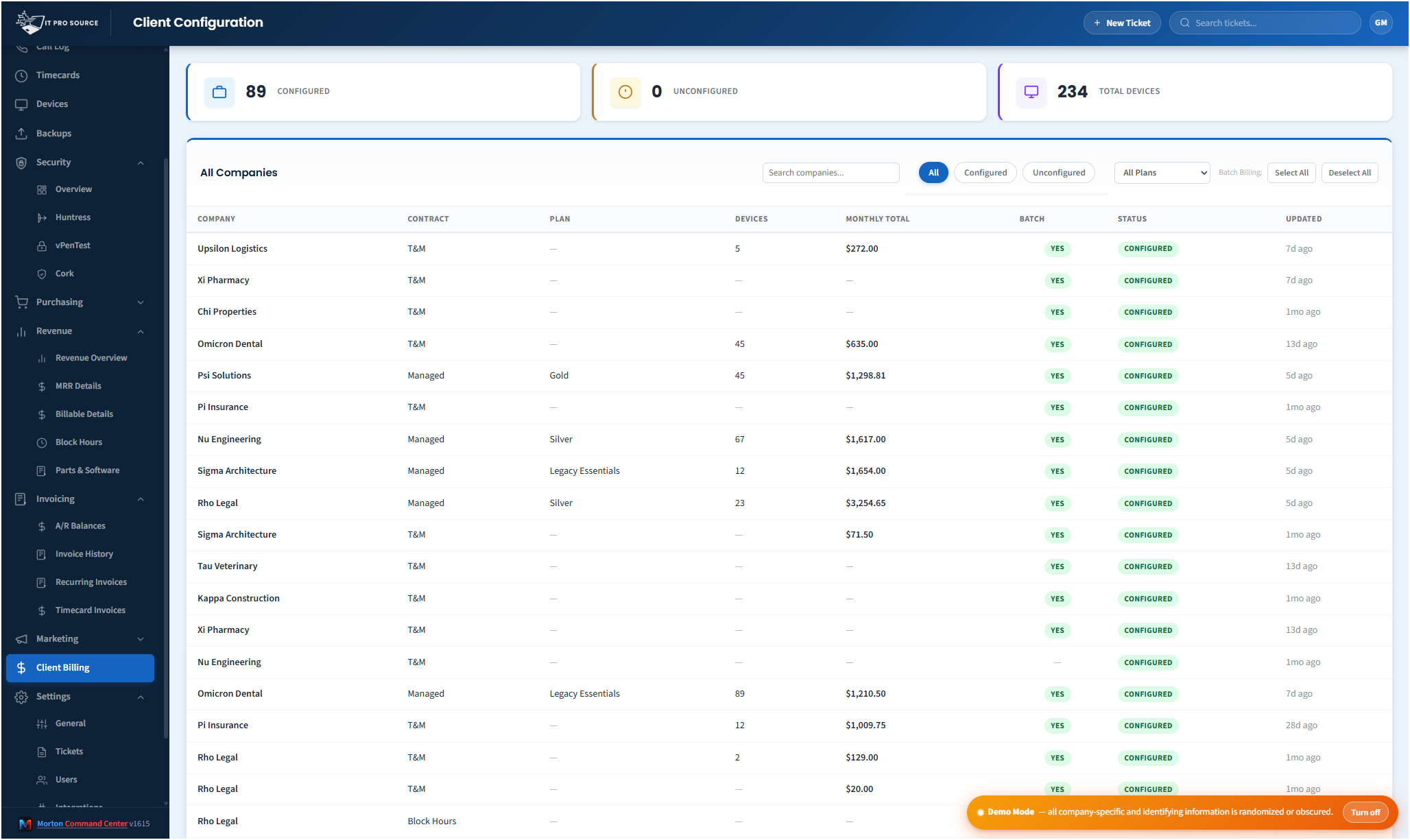 Client Billing configuration page listing every client's plan, devices, monthly total, and billing status