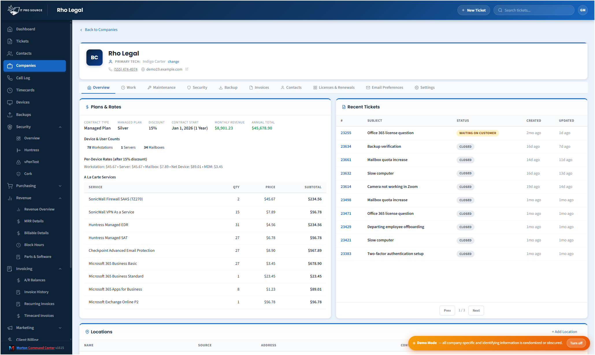 Company Overview page with tabs for Work, Maintenance, Security, Backup, Invoices, Contacts, Licenses and Renewals, plus a Plans and Rates panel and Recent Tickets panel