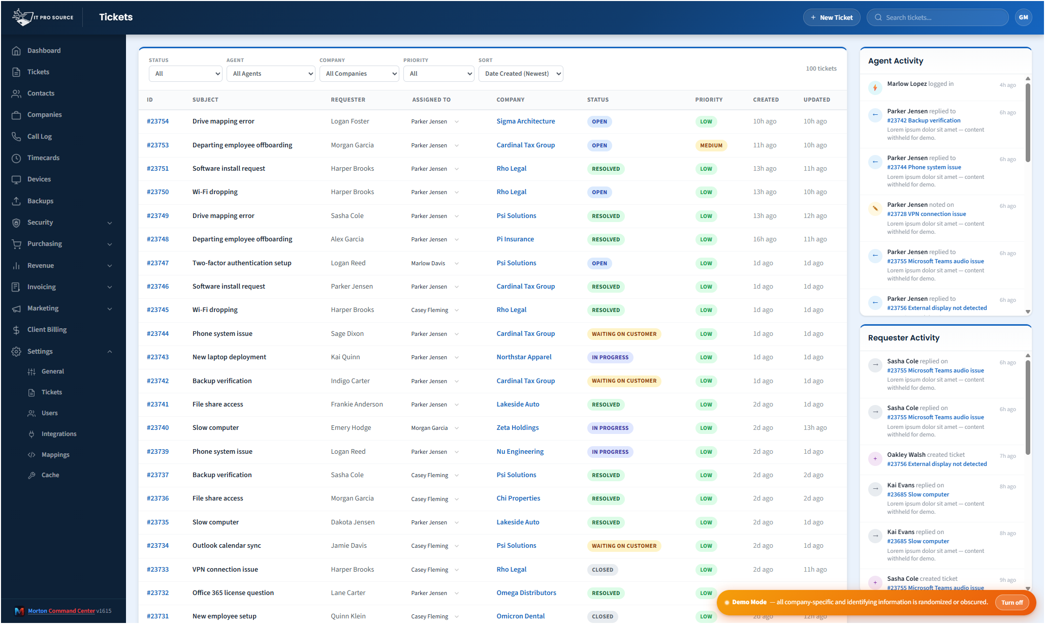 Unified ticket list with status, agent, company, and priority filters plus watched ticket tracking and live activity feeds